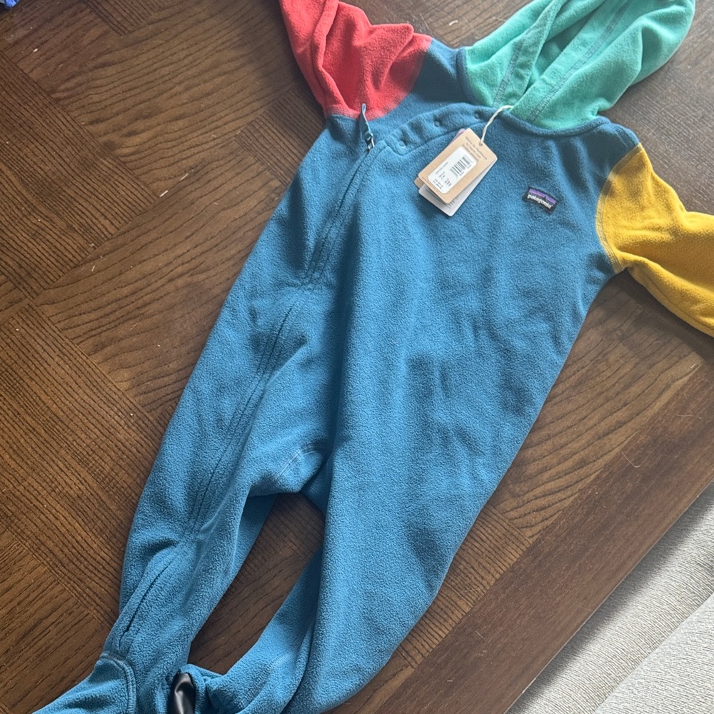Patagonia Kids Teal Fleece One-Piece with Multi-Color Hood & Sleeves